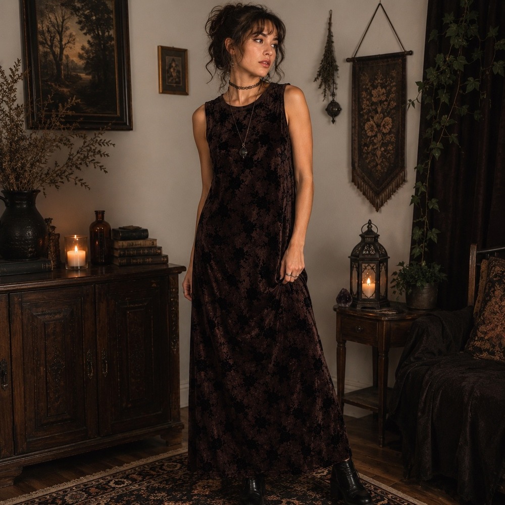 Allen Allen Floral Burnout Velvet Maxi Dress Whimsigoth Dark Academia Made USA